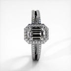 Direct top-down view of 2 CT emerald cut lab grown diamond ring with micro-pave halo in white gold.