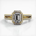 Front top-down perspective of 2 carat emerald cut lab diamond engagement ring in yellow gold with split shank.