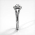 Side profile view of white gold 2 carat cushion cut lab grown diamond ring showing pave split shank detail.