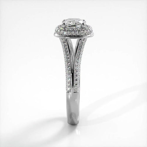 Side profile view of white gold 2 carat cushion cut lab grown diamond ring showing pave split shank detail.