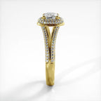 Side profile view of yellow gold 2 CT cushion cut lab diamond engagement ring highlighting micro-pave band structure.