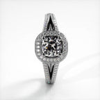Direct top-down view of 2 CT cushion cut lab grown diamond ring with micro-pave halo set in white gold.