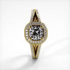Direct top-down view of 2 CT cushion cut lab grown diamond ring with micro-pave halo set in yellow gold.