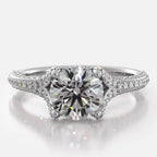 Front view of 2 CT round cut lab grown diamond engagement ring in white gold featuring micro-pave accents.