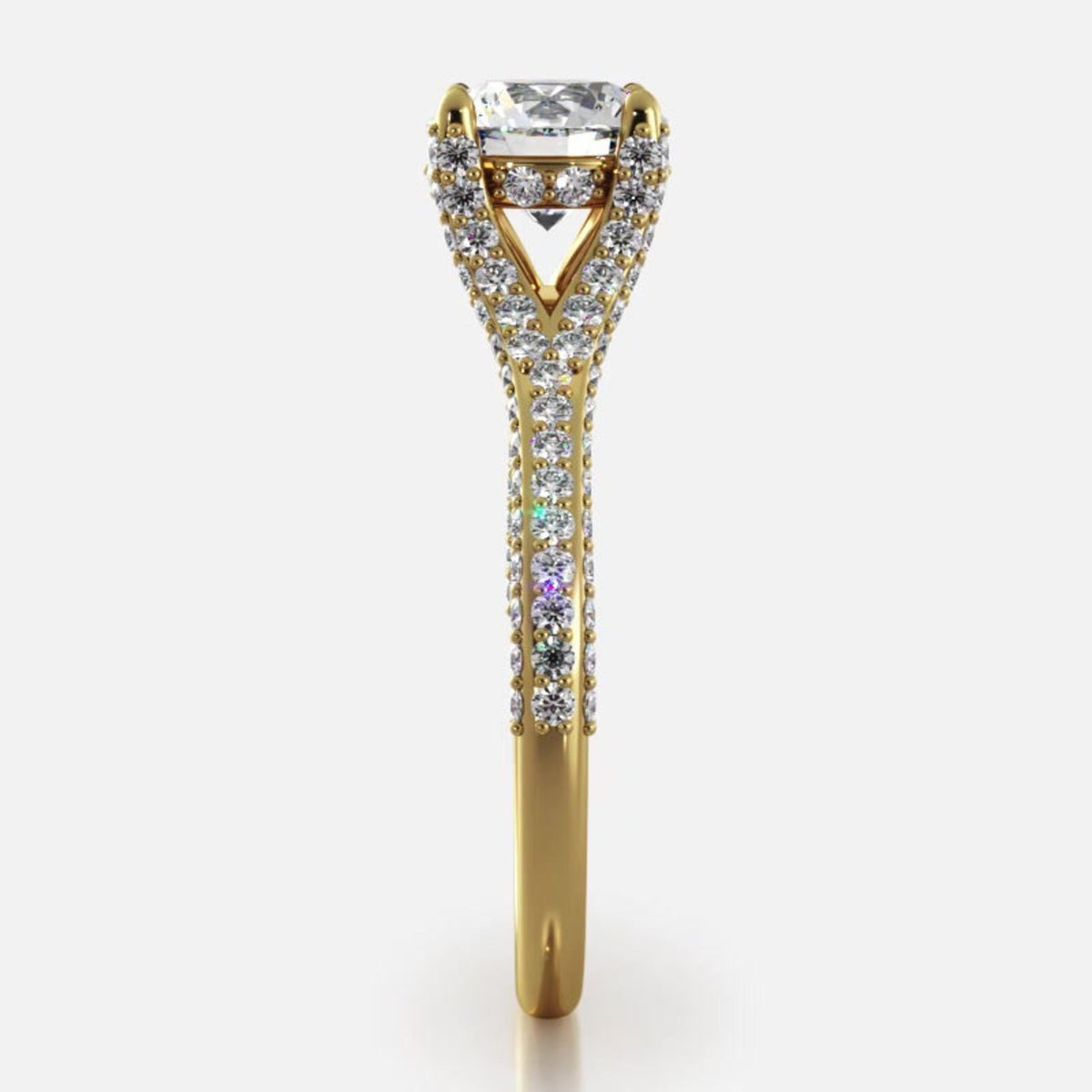 Side profile view of yellow gold 2 carat round lab grown diamond engagement ring showing elevated crown and micro-pave setting.