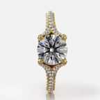 Overhead top-down view of 2 CT round brilliant lab grown diamond engagement ring set in 14K yellow gold.