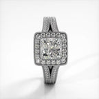 Top-down view of 2 CT princess cut lab grown diamond ring with milgrain halo and split shank in white gold.