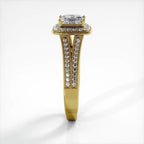 Side profile view of yellow gold 2 carat princess cut lab diamond engagement ring showing pave split shank and milgrain edges.
