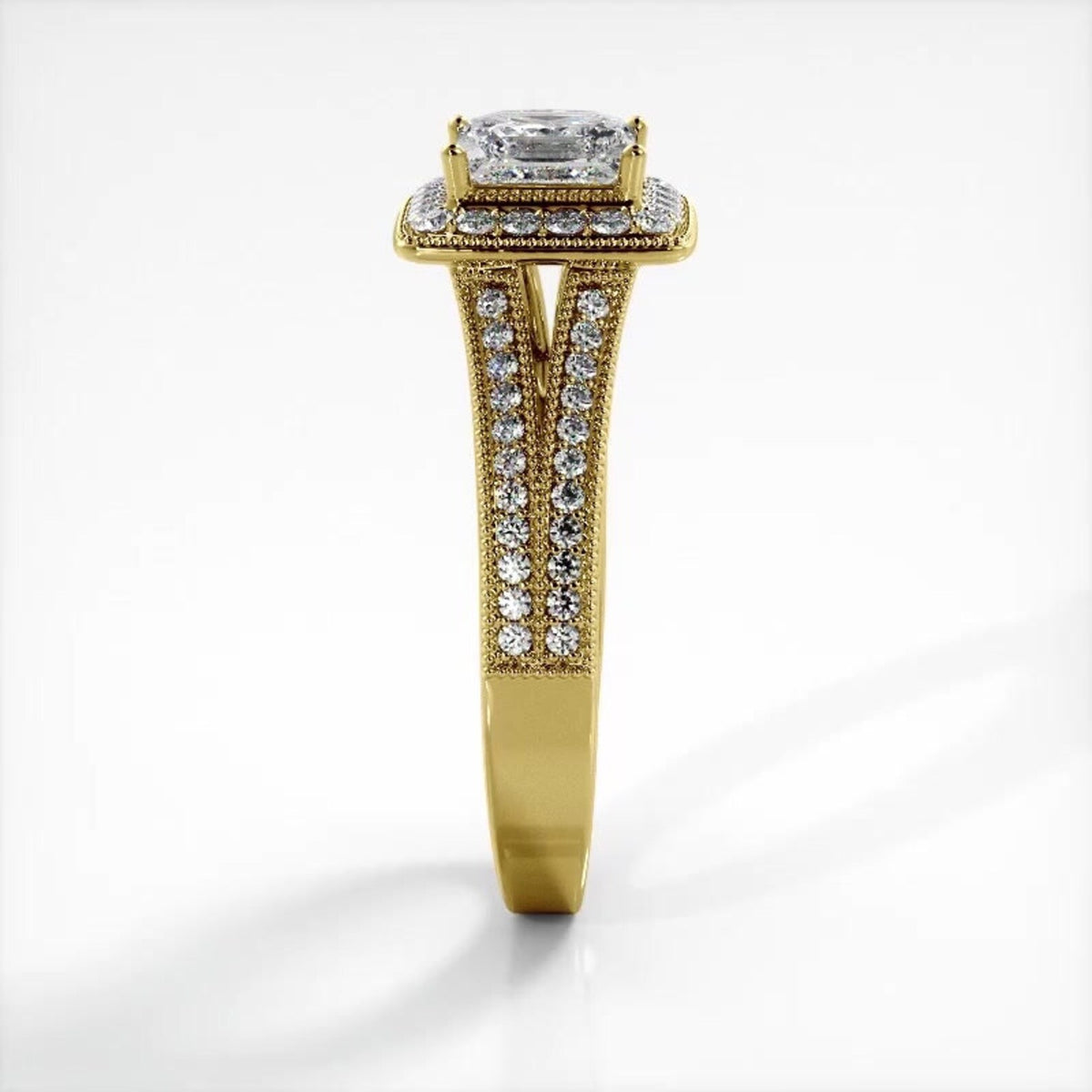 Side profile view of yellow gold 2 carat princess cut lab diamond engagement ring showing pave split shank and milgrain edges.