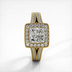 Top-down view of 2 CT princess cut lab grown diamond ring with milgrain halo and split shank in yellow gold.
