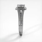 Side profile view of white gold 2 carat princess cut lab diamond engagement ring displaying pave split shank architecture.