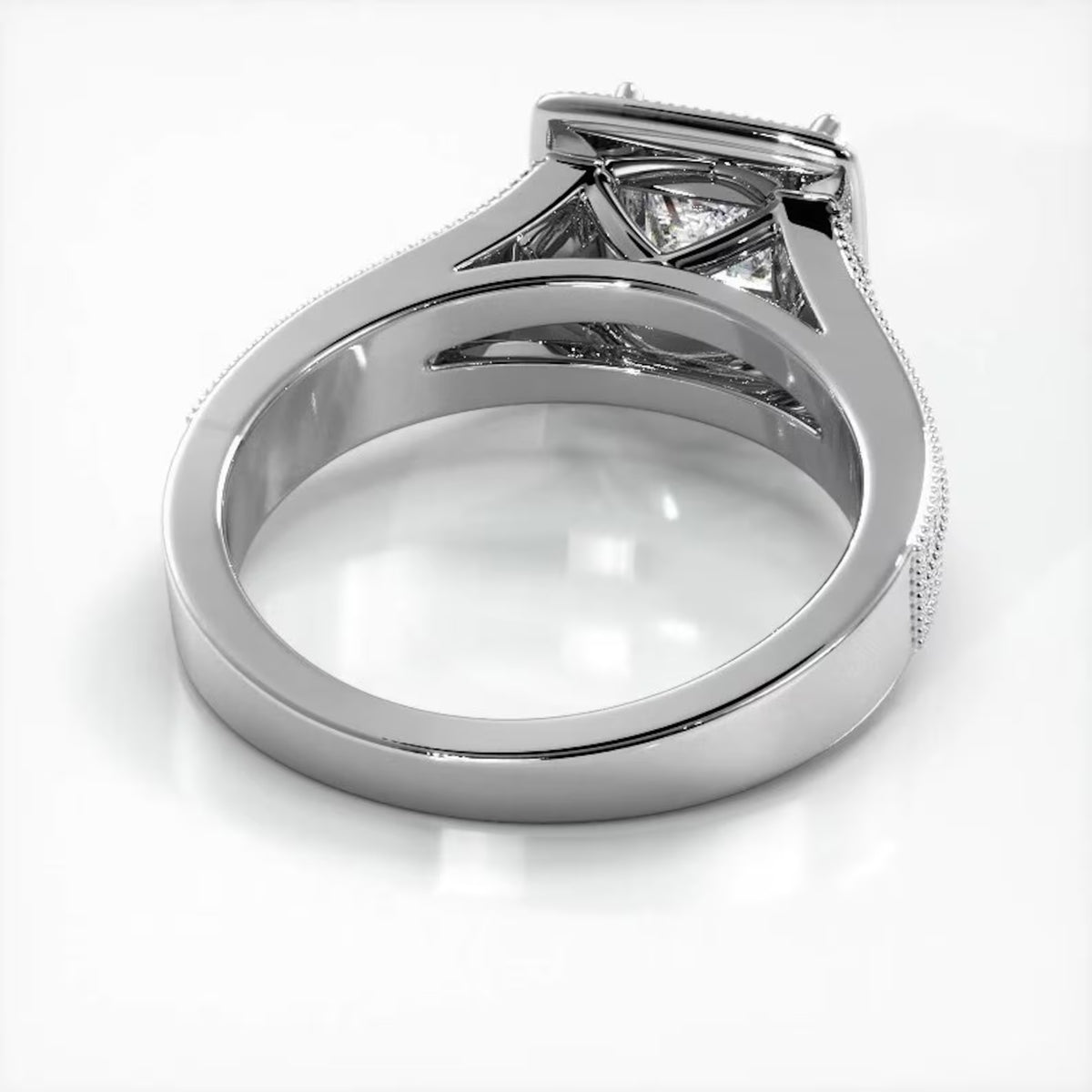 Angled perspective view showing inner band and lattice under-gallery of a white gold princess cut lab diamond ring.