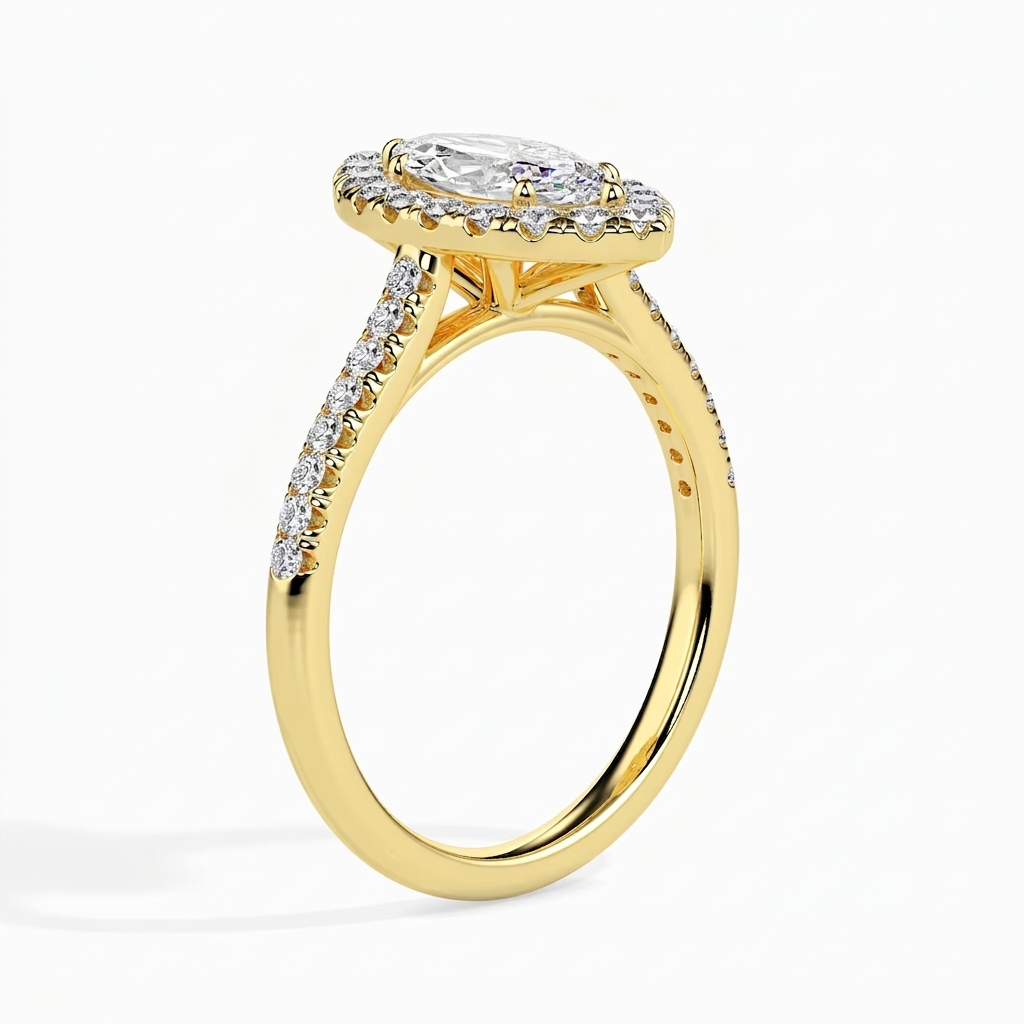 Angled perspective view of 2 Carat Marquise Cut Lab Grown Diamond Halo Engagement Ring in 14K Yellow Gold with pavé band