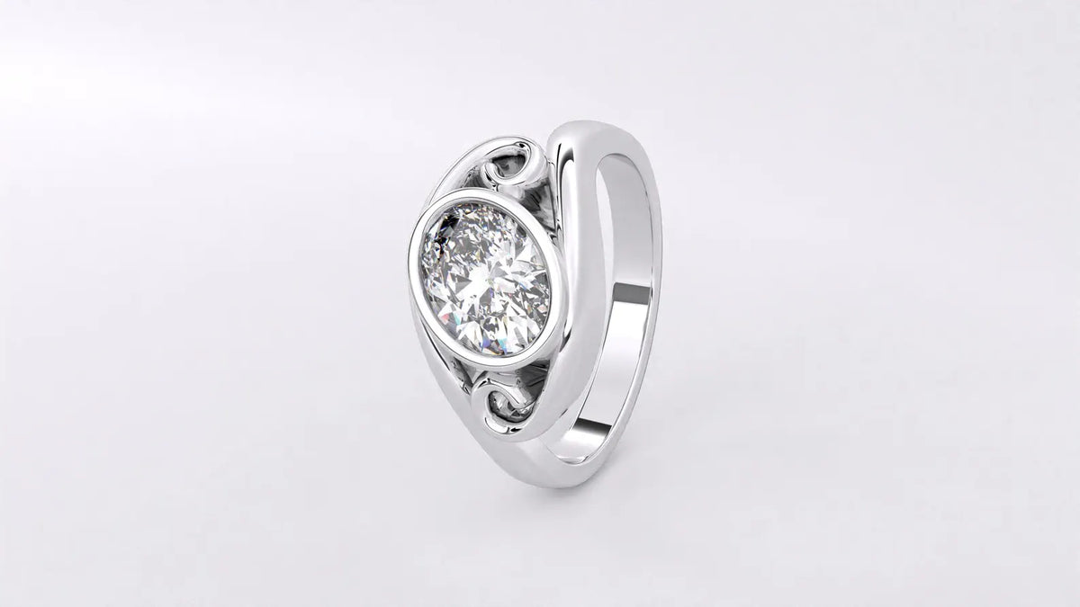 Three-quarter angle showing the high-polish band, swirl scroll detailing, and oval lab diamond bezel setting.