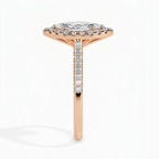Side elevation view of 2 Carat Marquise Cut Lab Grown Diamond Halo Ring in Rose Gold highlighting pavé band