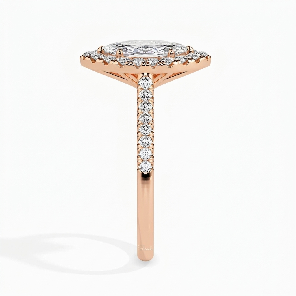Side elevation view of 2 Carat Marquise Cut Lab Grown Diamond Halo Ring in Rose Gold highlighting pavé band