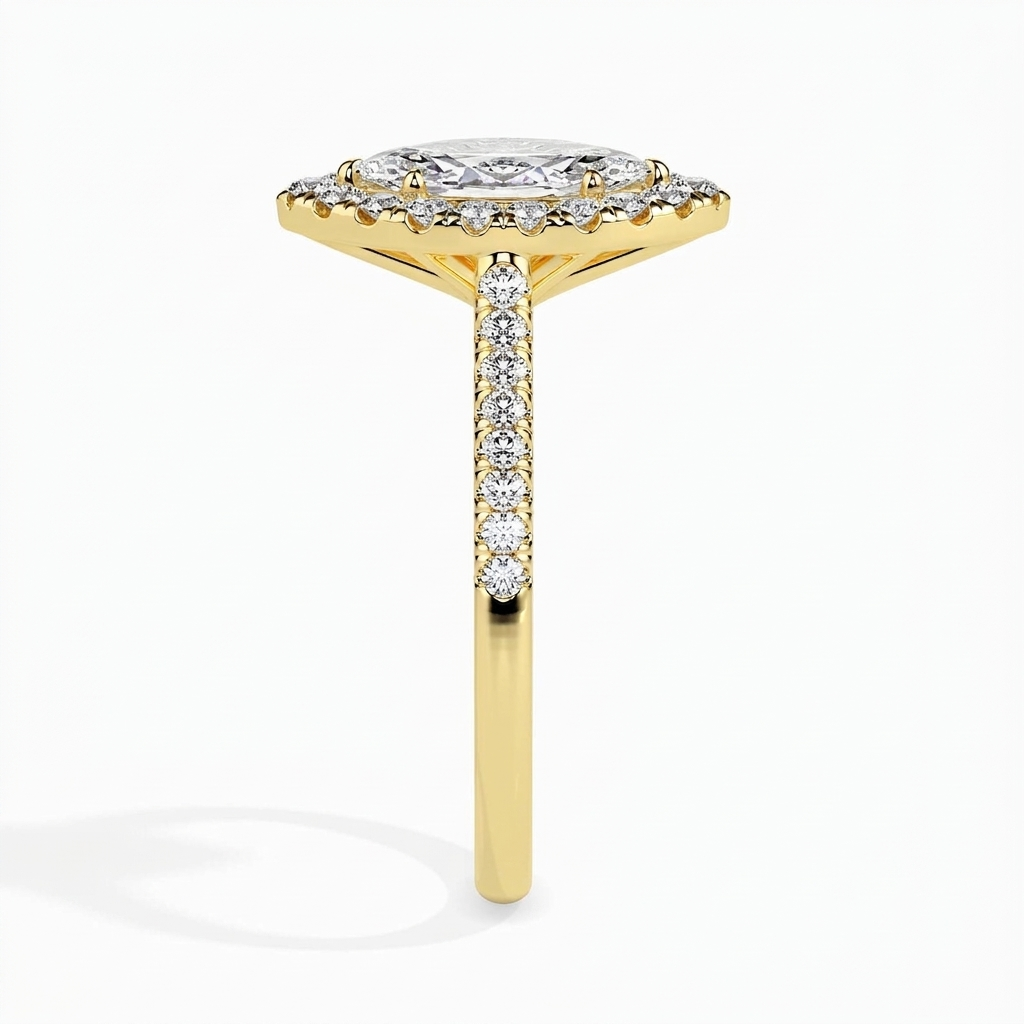 Side profile view of 2 Carat Marquise Cut Lab Grown Diamond Halo Engagement Ring in Yellow Gold showing micro-pavé shank