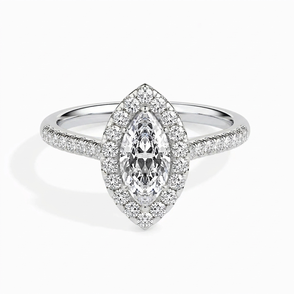 Top-down front view of 2 Carat Marquise Cut Lab Grown Diamond Halo Engagement Ring in White Gold