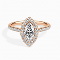 Top-down view of 2 Carat Marquise Cut Lab Grown Diamond Halo Engagement Ring in Rose Gold with pavé diamond band