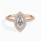 Top-down view of 2 Carat Marquise Cut Lab Grown Diamond Halo Engagement Ring in Rose Gold with pavé diamond band