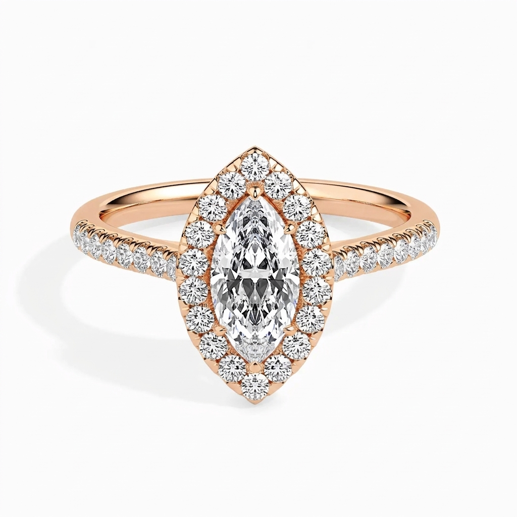 Top-down view of 2 Carat Marquise Cut Lab Grown Diamond Halo Engagement Ring in Rose Gold with pavé diamond band