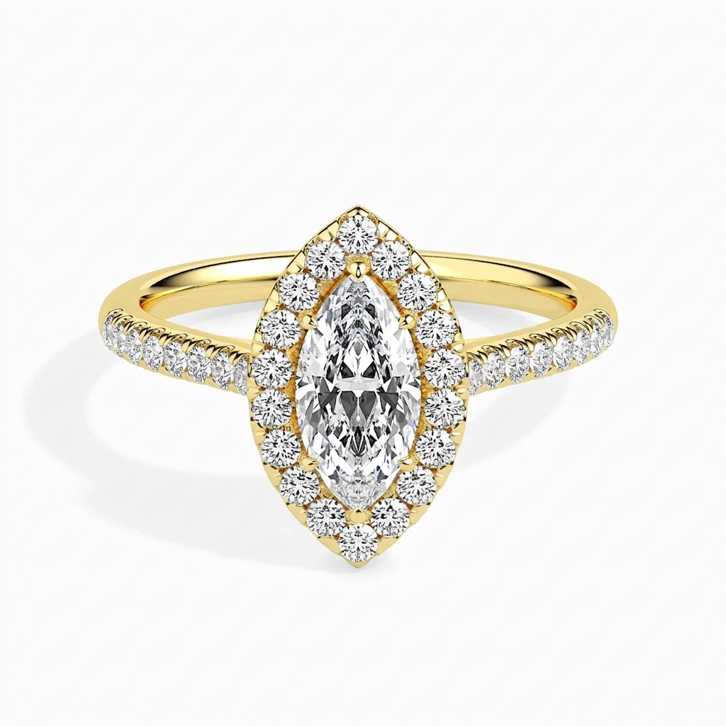 Top-down view of 2 Carat Marquise Cut Lab Grown Diamond Halo Engagement Ring in 14K Yellow Gold