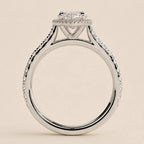 Direct side profile view of 3 Carat Marquise Cut Lab Grown Diamond Halo Ring showing micro-pavé band in White Gold