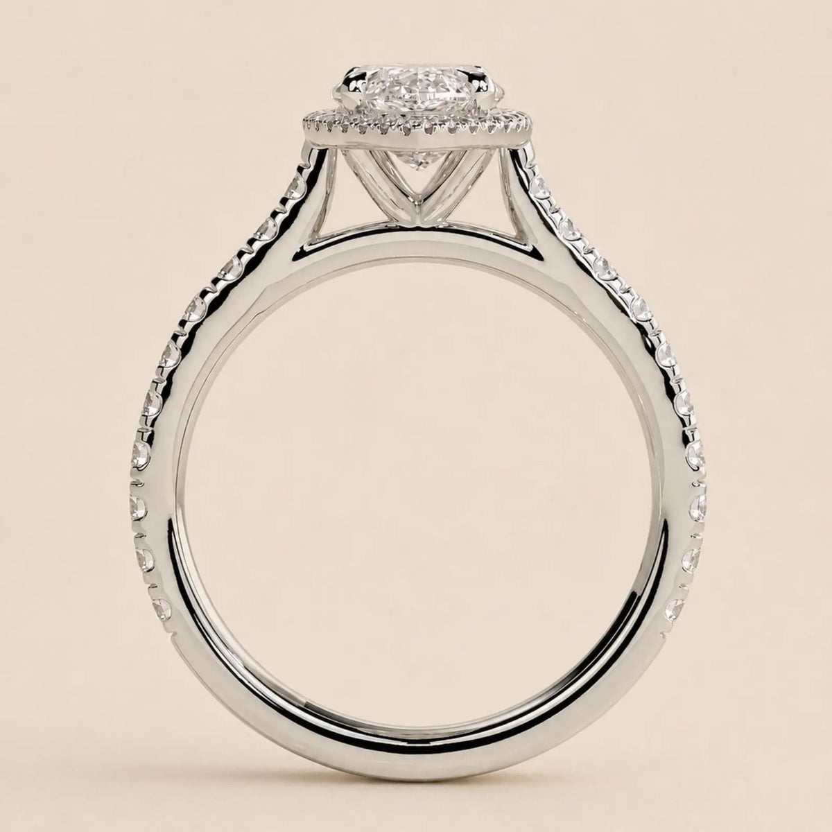 Direct side profile view of 3 Carat Marquise Cut Lab Grown Diamond Halo Ring showing micro-pavé band in White Gold