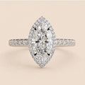 Top-down view of 3 Carat Marquise Cut Lab Grown Diamond Halo Engagement Ring with micro-pavé band