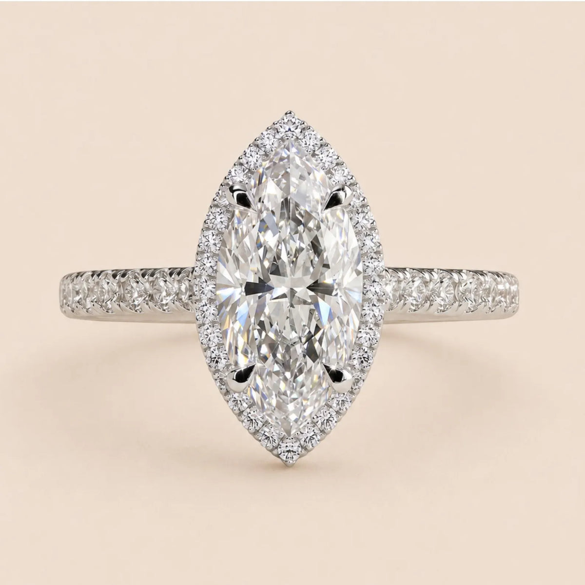 Top-down view of 3 Carat Marquise Cut Lab Grown Diamond Halo Engagement Ring with micro-pavé band