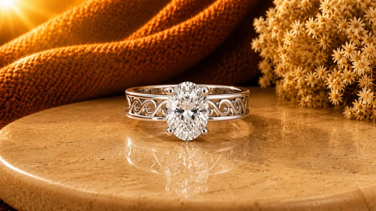 Lifestyle view of 2 CT oval lab grown diamond filigree engagement ring displayed on a stone pedestal with warm lighting.