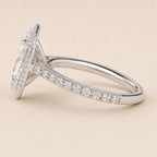 Angled side profile view of 3 Carat Marquise Cut Lab Grown Diamond Halo Ring highlighting pavé shank and head setting