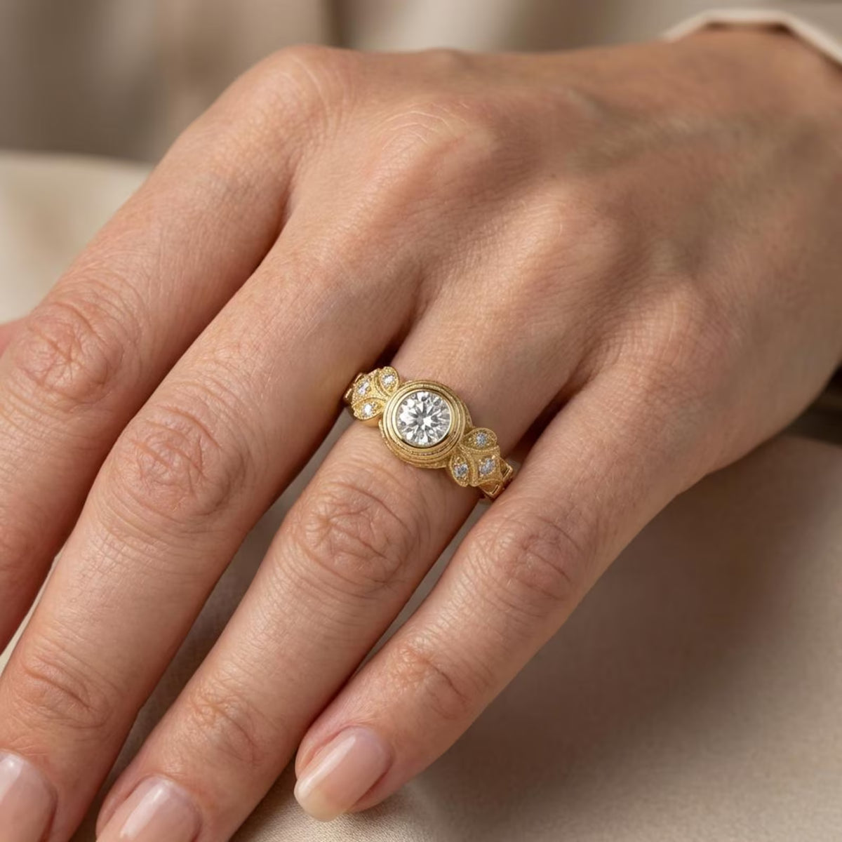 2 CT round cut bezel set lab grown diamond engagement ring worn on hand