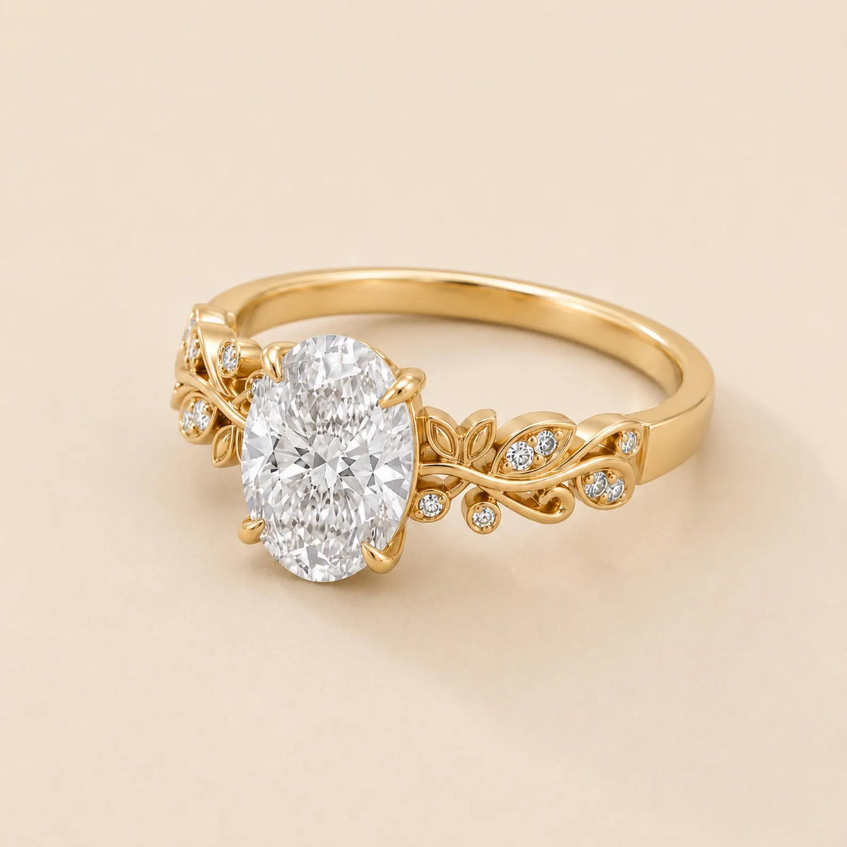 Angled perspective view of 3 Carat Oval Cut Lab Grown Diamond Engagement Ring with botanical leaf vine band in yellow gold