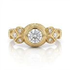 Front view of 2 CT round lab-grown diamond ring in yellow gold bezel setting
