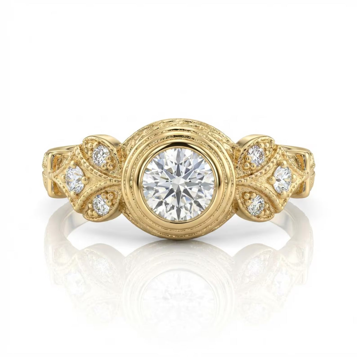 Front view of 2 CT round lab-grown diamond ring in yellow gold bezel setting