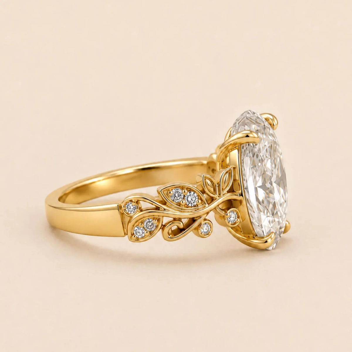 Side profile view highlighting 4-prong head and detailed leaf scrollwork on 3 Carat Oval Lab Diamond Engagement Ring