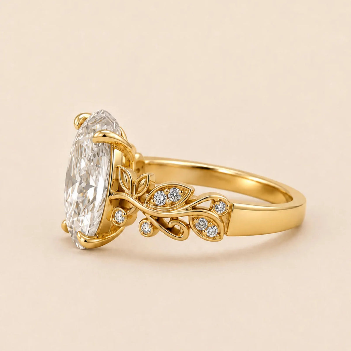 Alternate side view of 3 Carat Oval Cut Lab Grown Diamond Ring showing intricate leaf vine band with accent diamonds