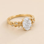 Three-quarter view of 3 Carat Oval Cut Lab Diamond Nature-Inspired Engagement Ring in 14K Yellow Gold