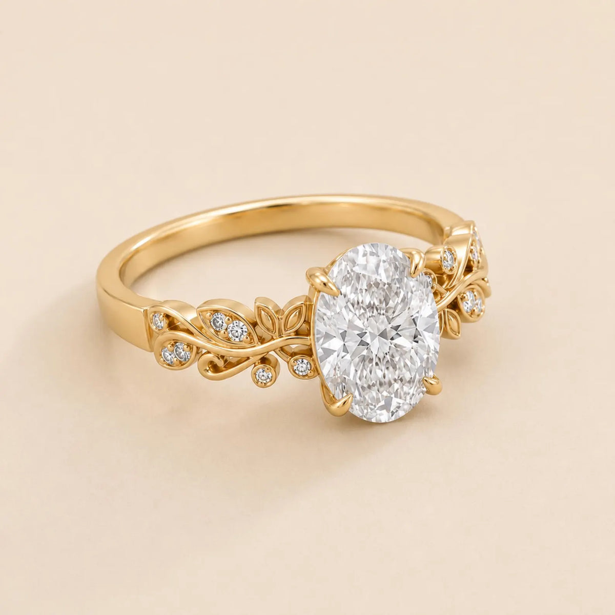 Three-quarter view of 3 Carat Oval Cut Lab Diamond Nature-Inspired Engagement Ring in 14K Yellow Gold