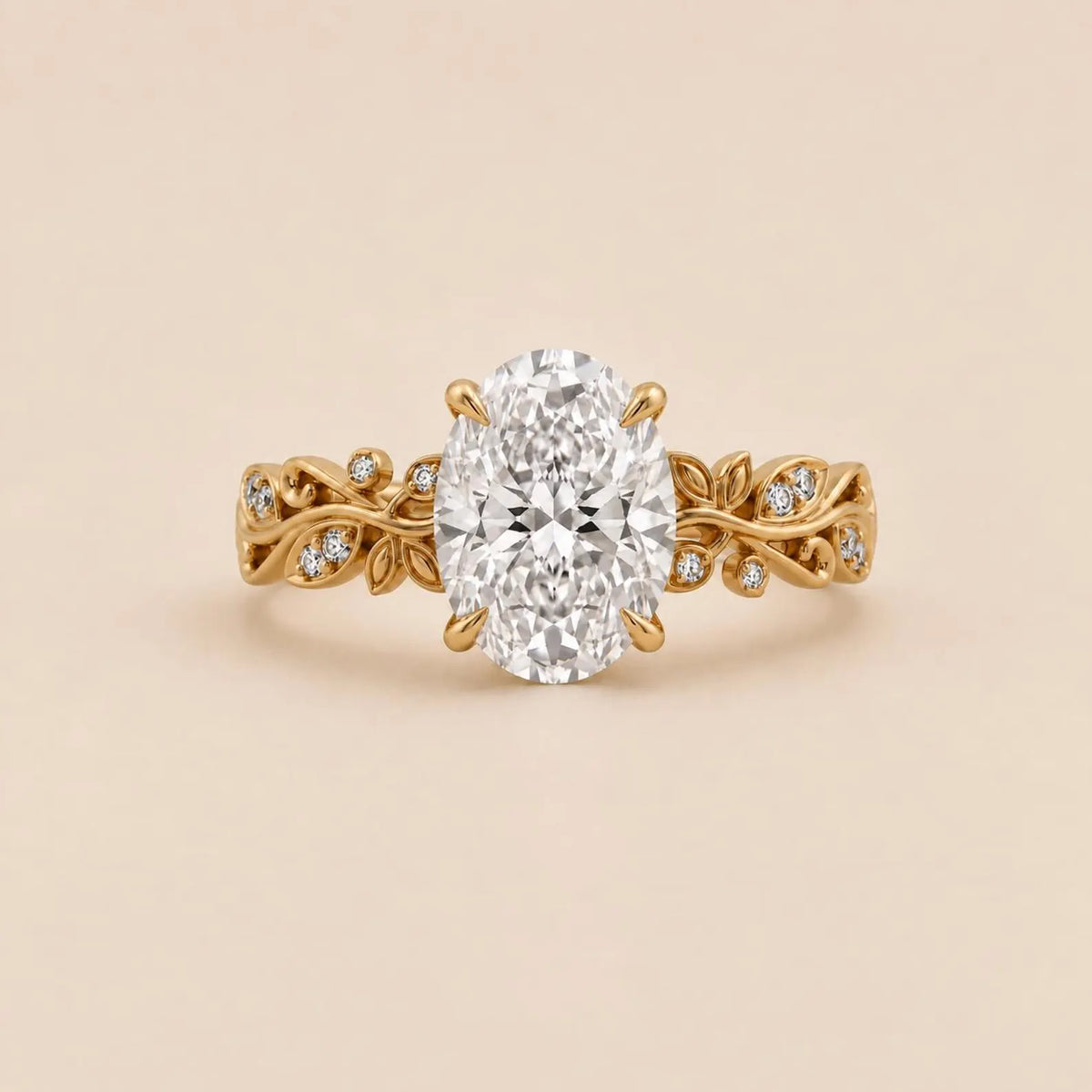 Top-down front view showing symmetrical botanical leaf band and 3 Carat Oval Cut Lab Grown Diamond center stone