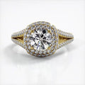 Front view of 3 CT round cut lab grown diamond engagement ring with double halo setting in yellow gold.