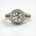 Front view of 3 CT round cut lab grown diamond engagement ring with double halo setting in yellow gold.