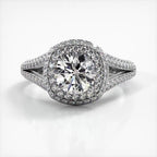 Front view of 3 CT round lab diamond engagement ring featuring double cushion halo in white gold.