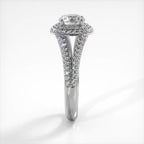 Side profile view of white gold 3 CT round lab diamond engagement ring with pavé split shank.