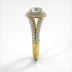 Side profile view of 3 carat round lab diamond engagement ring with yellow gold pavé band.