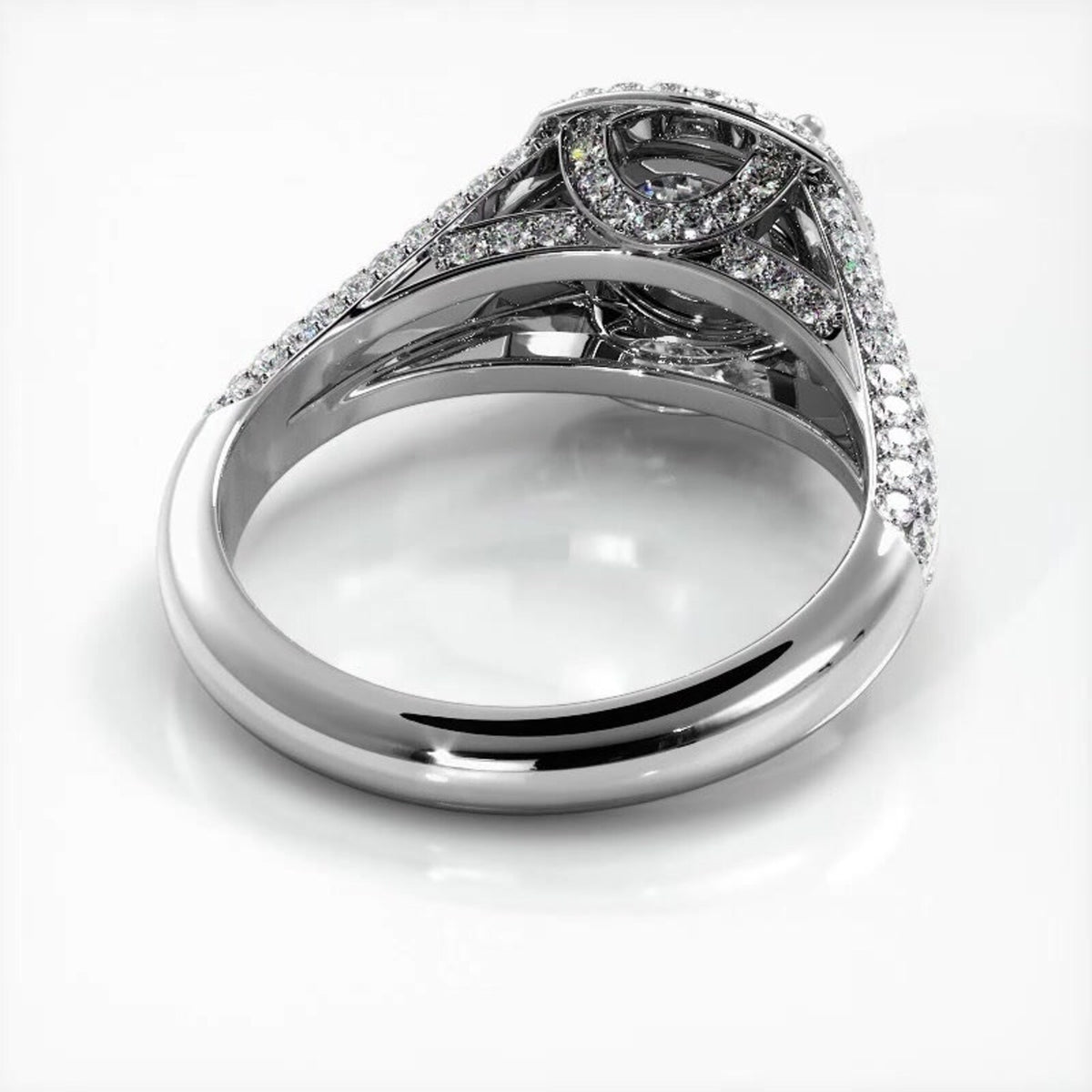 Bottom side view showing gallery arch detail of white gold double halo lab diamond engagement ring.