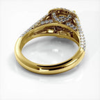 Bottom side angle view highlighting solid shank and undergallery of yellow gold double halo diamond ring.
