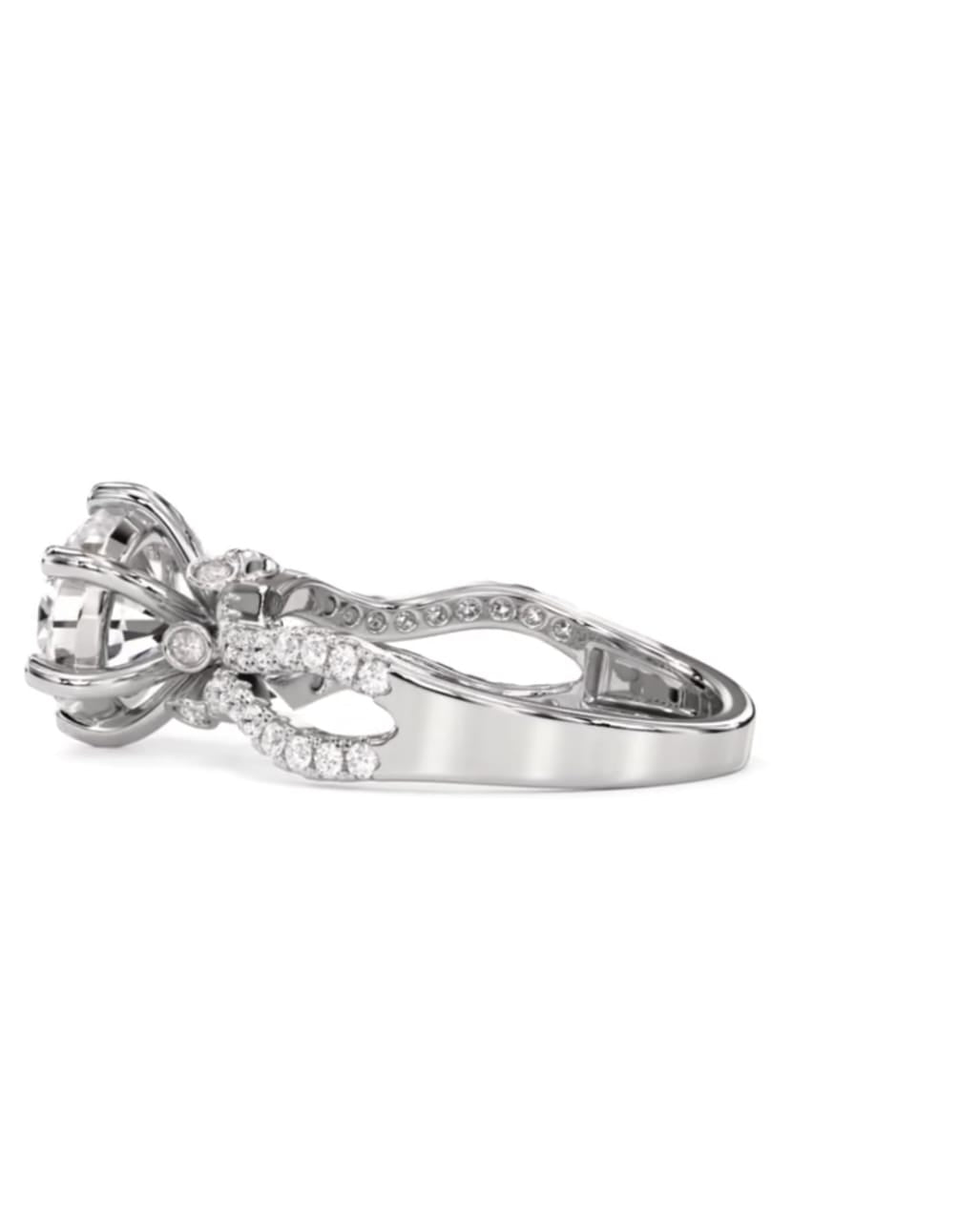 Side view showing the openwork twisted pave band and 6-prong basket of a round lab diamond ring.