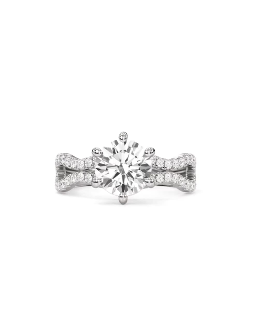 Front view of a 2 carat round brilliant lab grown diamond engagement ring with a 6-prong crown setting.